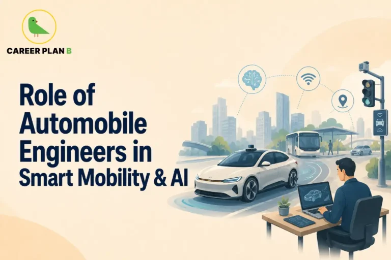 This image contains a Career Plan B educational infographic on automobile engineers in smart mobility, featuring a connected electric vehicle, smart city infrastructure, autonomous driving technology, intelligent traffic signals, wireless connectivity, digital navigation, AI icons, public transport, and an engineer working on automotive software, highlighting artificial intelligence, connected vehicles, EV technology, IoT, smart transportation, automotive innovation, and future engineering careers.