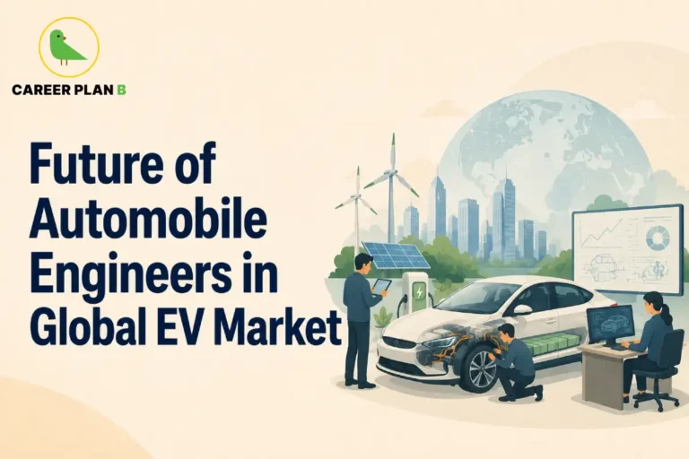 This image contains a Career Plan B educational infographic on the future of automobile engineers in the global EV market, featuring an electric vehicle with a visible battery pack, engineers inspecting EV components, digital vehicle analytics, renewable energy sources including wind turbines and solar panels, a smart city skyline, charging infrastructure, engineering design workstations, and performance dashboards, highlighting electric vehicles, battery technology, sustainable mobility, automotive innovation, global EV careers, renewable energy integration, and future engineering opportunities.