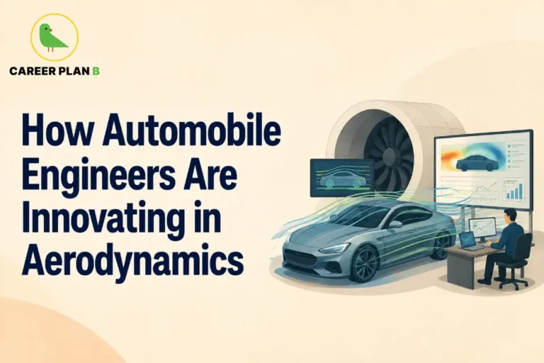 This Automobile Engineers in Aerodynamics image contains the text "How Automobile Engineers Are Innovating in Aerodynamics" in a Career Plan B educational infographic on Automobile Engineers in Aerodynamics , featuring a modern electric car with aerodynamic airflow streamlines, a wind tunnel testing chamber, CFD simulation screens, aerodynamic performance charts, and an engineer analyzing vehicle design.