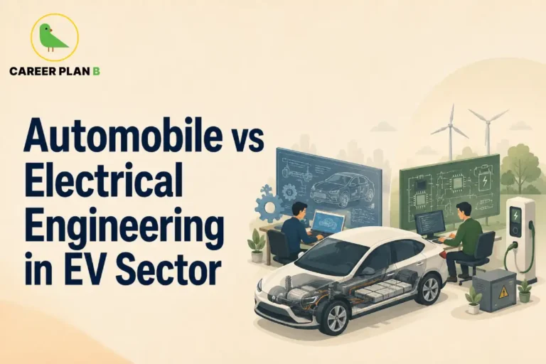 This Automobile vs Electrical Engineering in EV Sector image contains the text "Automobile vs Electrical Engineering in EV Sector" in a Career Plan B educational infographic, featuring an electric vehicle with a visible battery pack, automobile and electrical engineers working on digital vehicle designs, EV battery and circuit diagrams, charging infrastructure, wind turbines, and engineering workstations.