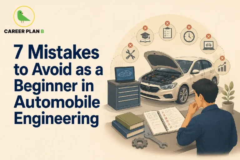 This Beginner in Automobile Engineering image contains the text "7 Mistakes to Avoid as a Beginner in Automobile Engineering" in a Career Plan B educational infographic, featuring a student analyzing an open-engine vehicle, engineering books, a checklist notebook, automotive tools, digital vehicle design software, and icons representing common learning mistakes and career planning.