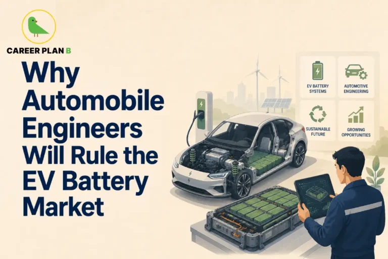 This Automobile Engineers in EV Battery Market image contains the text "Why Automobile Engineers Will Rule the EV Battery Market" in a Career Plan B educational infographic, featuring an electric vehicle with a visible battery pack, an engineer analyzing EV battery systems on a digital tablet, an EV charging station, renewable energy sources, and icons representing EV battery systems, automotive engineering, sustainable future, and growing opportunities.