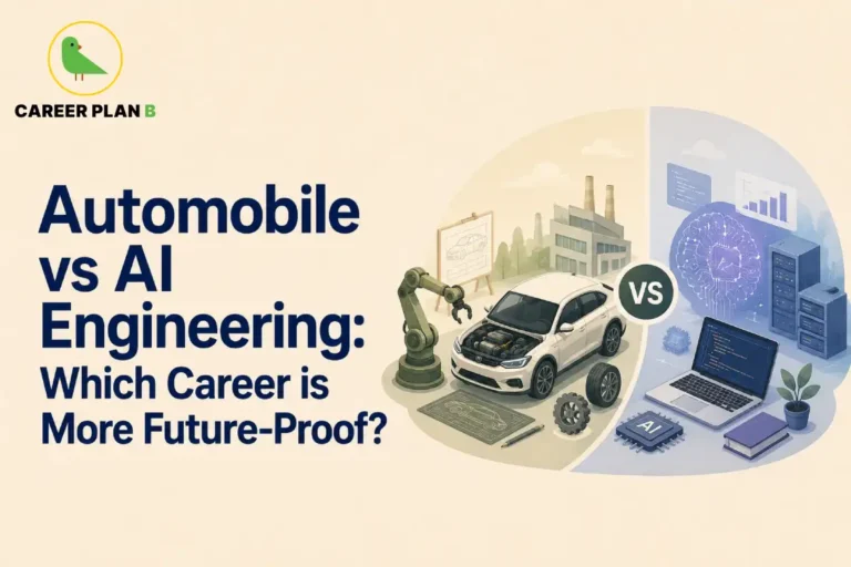 This Automobile vs AI Engineering image contains the text "Automobile vs AI Engineering: Which Career is More Future-Proof?" in a Career Plan B educational infographic, featuring a modern automobile engineering workspace with a robotic arm, vehicle blueprint, car components, and an AI engineering setup with a laptop, neural network visualization, AI processor, servers, and digital analytics connected by a comparison graphic.