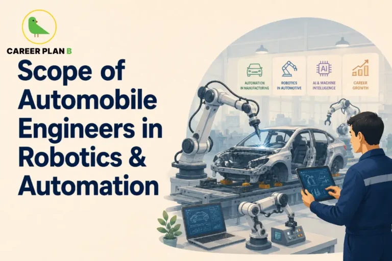 This Automobile Engineers in Robotics & Automation image contains the text "Scope of Automobile Engineers in Robotics & Automation" in a Career Plan B educational infographic, featuring robotic arms assembling a vehicle, an automobile engineer using a digital tablet, automated manufacturing systems, vehicle design software, industrial robots, and icons representing automation in manufacturing, robotics in automotive, AI & machine intelligence, and career growth.