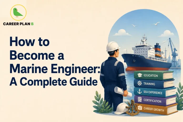 This How to Become a Marine Engineer image contains the text "How to Become a Marine Engineer: A Complete Guide" in a Career Plan B educational infographic, featuring a marine engineer at a seaport, a cargo ship, books labeled Education, Training, Sea Experience, Certification, and Career Growth, along with maritime equipment and port infrastructure.