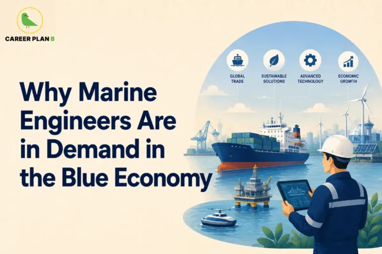 This Marine Engineers in Blue Economy image contains the text "Why Marine Engineers Are in Demand in the Blue Economy" in a Career Plan B educational infographic, featuring a marine engineer using a digital tablet, a cargo ship, an offshore oil platform, renewable energy wind turbines, a seaport, and icons representing global trade, sustainable solutions, advanced technology, and economic growth.