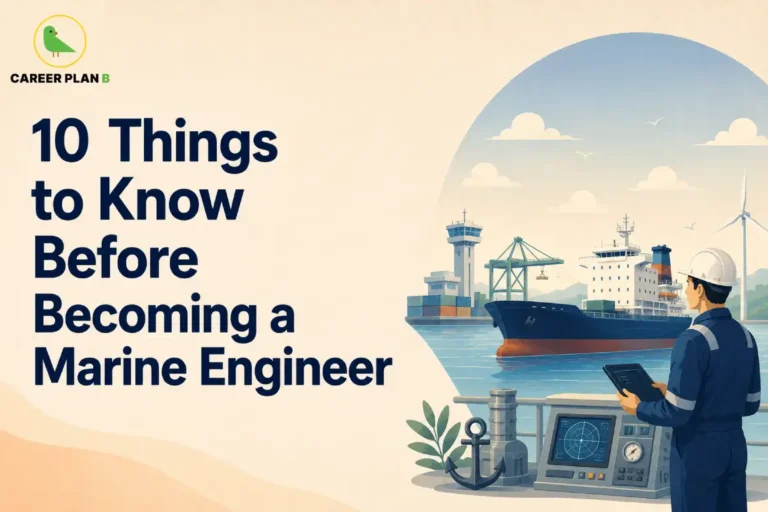 This Things to Know Before Becoming a Marine Engineer image contains the text "10 Things to Know Before Becoming a Marine Engineer" in a Career Plan B educational infographic, featuring a marine engineer using a digital tablet at a seaport, a cargo ship, port cranes, maritime navigation equipment, renewable energy wind turbines, and marine engineering systems.