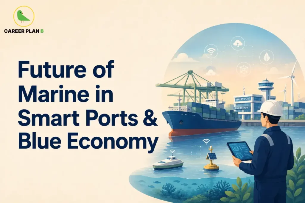 This Marine in Smart Ports & Blue Economy image contains the text "Future of Marine in Smart Ports & Blue Economy" in a Career Plan B educational infographic, featuring a marine engineer using a digital tablet, a smart port with cargo ships and cranes, IoT-connected marine systems, a smart navigation buoy, renewable energy wind turbines, and digital port infrastructure.