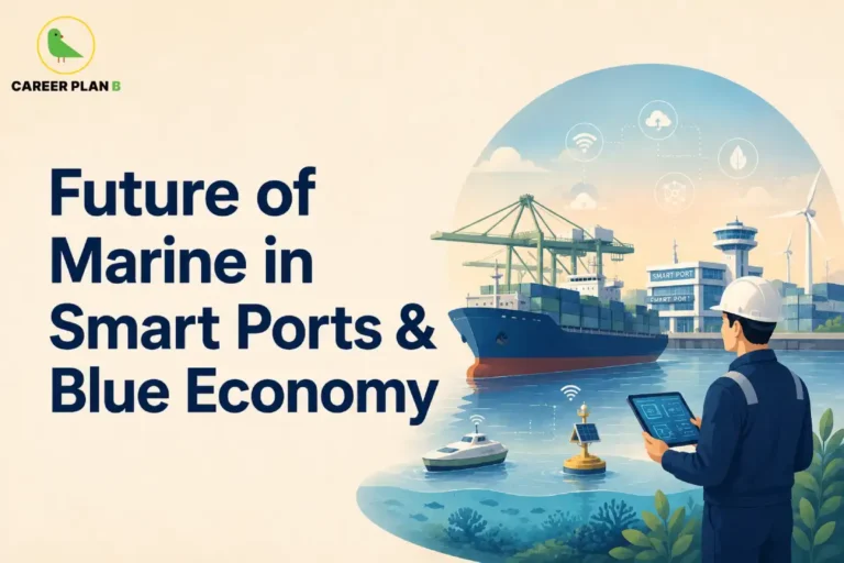 This Marine in Smart Ports & Blue Economy image contains the text "Future of Marine in Smart Ports & Blue Economy" in a Career Plan B educational infographic, featuring a marine engineer using a digital tablet, a smart port with cargo ships and cranes, IoT-connected marine systems, a smart navigation buoy, renewable energy wind turbines, and digital port infrastructure.