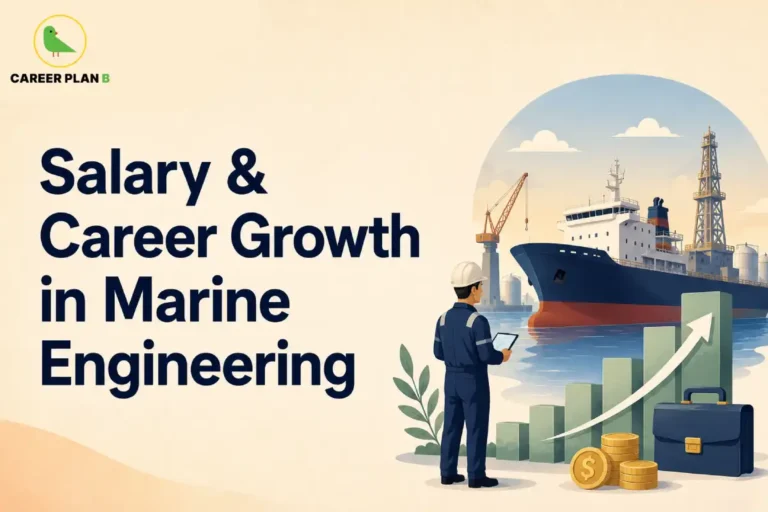 This Marine Engineering Salary & Career Growth image contains the text "Salary & Career Growth in Marine Engineering" in a Career Plan B educational infographic, featuring a marine engineer using a digital tablet, a cargo ship, offshore infrastructure, a rising career growth chart, coins, a briefcase, and port cranes representing career progression and professional growth.