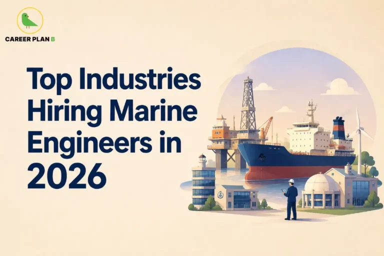 This Marine Engineering Industries image contains the text "Top Industries Hiring Marine Engineers in 2026" in a Career Plan B educational infographic, featuring a cargo ship, offshore oil platform, port infrastructure, industrial buildings, cranes, renewable energy wind turbines, and a marine engineer using a digital tablet.
