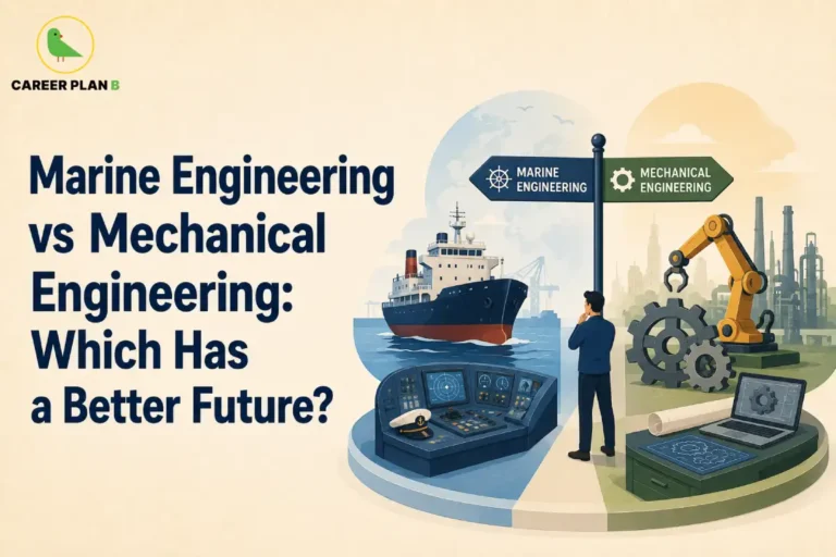 This Marine vs Mechanical Engineering image contains the text "Marine Engineering vs Mechanical Engineering: Which Has a Better Future?" in a Career Plan B infographic, featuring a ship, marine control systems, industrial machinery, a robotic arm, gears, and engineering design technology.