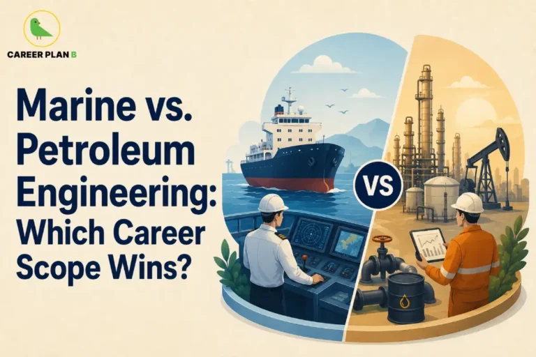 This Marine vs Petroleum Engineering image contains the text "Marine vs. Petroleum Engineering: Which Career Scope Wins?" in a Career Plan B infographic, featuring a cargo ship, marine control systems, an oil refinery, pumpjack, pipelines, and engineers representing both career fields.