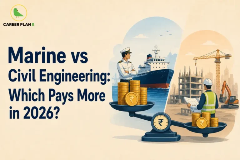 This Marine vs Civil Engineering image contains the text "Marine vs Civil Engineering: Which Pays More in 2026?" featuring a marine engineer, cargo ship, civil engineer, construction site, unfinished building, tower crane, excavator, stacks of rupee coins, and a weighing scale comparing earnings.