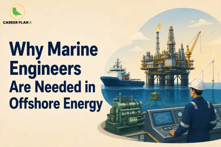This Marine Engineers in Offshore Energy image contains the text "Why Marine Engineers Are Needed in Offshore Energy" featuring a marine engineer in a hard hat operating a control panel, offshore oil and gas platform with drilling towers, flare stack and crane, offshore support vessel, wind turbines, ocean, underwater machinery and pipelines, and industrial engine equipment.