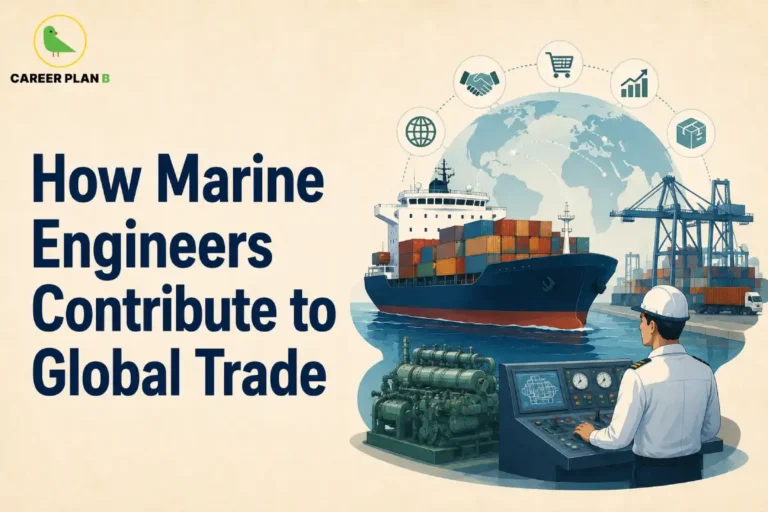 This Marine Engineers Contribution to Global Trade image contains the text "How Marine Engineers Contribute to Global Trade" featuring a marine engineer in a hard hat operating a ship control panel, a large container cargo ship carrying multicoloured shipping containers, marine engine machinery, a busy container port with cargo cranes, stacked containers and a truck, a world map globe representing international trade, and icons for global connectivity, partnerships, shopping, economic growth, and cargo shipping.
