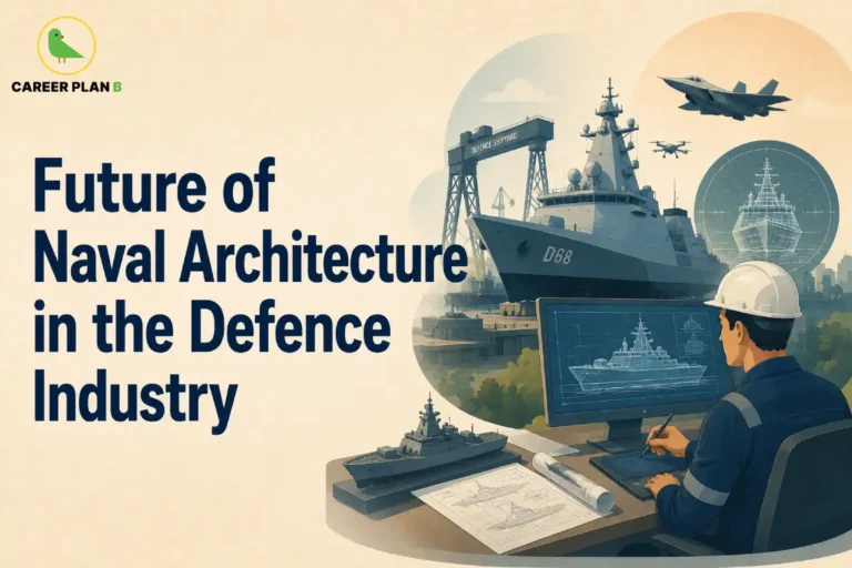 The future of naval architecture in India's defence industry looks promising. Sustained government investment in indigenous shipbuilding is supporting this growth. A growing pipeline of warship and submarine projects is also creating new opportunities. For engineering students interested in technical precision and national security, this field offers a unique combination. It provides opportunities to work on advanced designs while contributing to India's maritime capabilities. This image contains the text “Future of Naval Architecture in the Defence Industry,” Career Plan B logo, naval architect, warship, defence shipyard, fighter jets, drone, ship blueprint, computer design screen, ship model, helmet and engineering drawings.