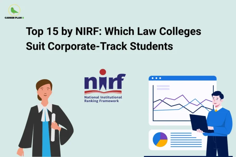 An education guidance infographic by Career Plan B titled "Top 15 by NIRF: Which Law Colleges Suit Corporate-Track Students." The layout features a pale mint green background showcasing an illustration of a female lawyer in a black gown holding a scroll on the left. In the center sits the official National Institutional Ranking Framework (NIRF) logo, while the right side displays a corporate analyst working on a laptop in front of data charts. The Career Plan B green bird logo is located in the top-left corner.