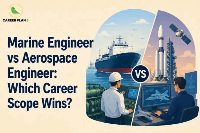 This image contains the text “Marine Engineer vs Aerospace Engineer: Which Career Scope Wins?”, Career Plan B logo, cargo ship, marine engineer, ship engine and control panel, aerospace engineer, aircraft design screens, fighter jet model, rockets, launch tower, satellite and VS symbol.