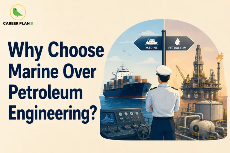 This image contains the text “Why Choose Marine Over Petroleum Engineering?”, Career Plan B logo, Marine and Petroleum signboard, marine engineer, cargo ship, ship control panel, oil rig, flare stack, storage tank, pipelines, pumps and offshore petroleum equipment.