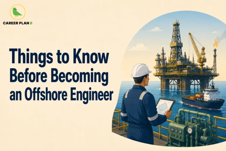 This image contains the text “Things to Know Before Becoming an Offshore Engineer,” Career Plan B logo, offshore engineer in a hard hat holding a tablet, offshore oil rig, drilling tower, crane, flare stack, support vessel, ocean, pipelines, pumps, gauges and industrial machinery.