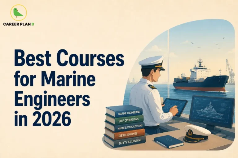 This image contains the text “Best Courses for Marine Engineers in 2026,” Career Plan B logo, marine engineer in uniform using a tablet, cargo ship, port crane, ship design screen, laptop, officer cap, notebook, and books labelled Marine Engineering, Ship Operations, Marine Electrical Systems, Diesel Engines, and Safety & Survival.