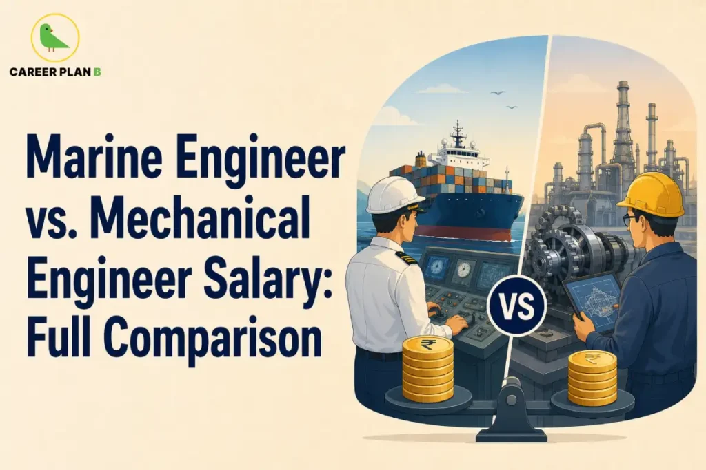 This image contains the text “Marine Engineer vs. Mechanical Engineer Salary: Full Comparison,” Career Plan B logo, marine engineer in white uniform and helmet, mechanical engineer in blue uniform and yellow helmet, cargo ship, ship control panel, industrial machinery, factory, engineering tablet, VS symbol, balance scale, and stacks of rupee coins.