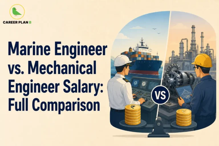 This image contains the text “Marine Engineer vs. Mechanical Engineer Salary: Full Comparison,” Career Plan B logo, marine engineer in white uniform and helmet, mechanical engineer in blue uniform and yellow helmet, cargo ship, ship control panel, industrial machinery, factory, engineering tablet, VS symbol, balance scale, and stacks of rupee coins.