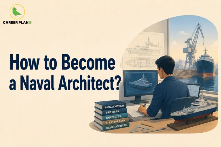 This image contains the text “How to Become a Naval Architect?”, Career Plan B logo, naval architect designing a ship at a desk, ship blueprints, computer screen with ship design, laptop, cargo ship at a shipyard, crane, ship model, engineering drawings, drafting tools, and books titled Naval Architecture, Ship Design, Hydrostatics, Structural Design, and Marine Engineering.