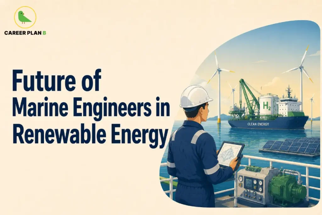 This image contains the text “Future of Marine Engineers in Renewable Energy,” Career Plan B logo, marine engineer in blue uniform and white helmet holding a tablet, offshore wind turbines, clean energy ship, H2 hydrogen tank, ship crane, solar panels, ocean, marine machinery, pipes, gauges, and control equipment.