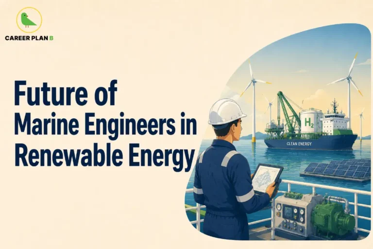 This image contains the text “Future of Marine Engineers in Renewable Energy,” Career Plan B logo, marine engineer in blue uniform and white helmet holding a tablet, offshore wind turbines, clean energy ship, H2 hydrogen tank, ship crane, solar panels, ocean, marine machinery, pipes, gauges, and control equipment.
