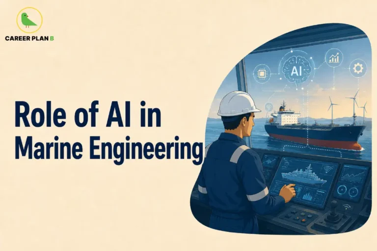 This image contains the text “Role of AI in Marine Engineering,” Career Plan B logo, marine engineer in blue uniform and white helmet, AI brain symbol, microchip, analytics chart, gear icon, cargo ship, wind turbines, digital ship monitoring screens, control panel, navigation data, Wi-Fi symbols, graphs, gauges, and joystick controls.