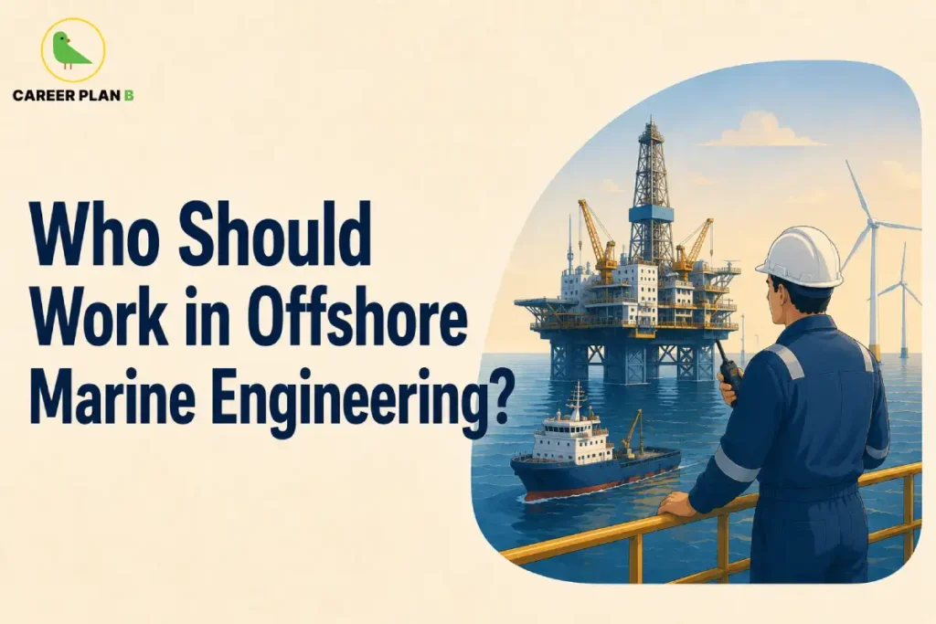 This image contains the text “Marine vs. Aerospace: Which is More Challenging?”, Career Plan B logo, marine engineer, aerospace engineer, cargo ship, airplane, rocket, ocean, ship control screens, aerospace design screen, tablet, and rocket launch facility.