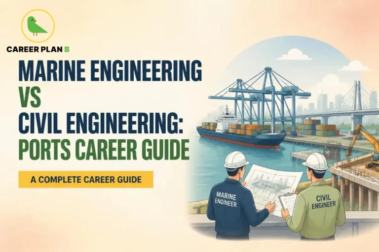 This image contains the text “Marine Engineering vs Civil Engineering: Ports Career Guide” and “A Complete Career Guide,” Career Plan B logo, marine engineer, civil engineer, cargo ship, port cranes, shipping containers, bridge, excavator, dock construction, harbour, ship blueprint, and engineering plans.