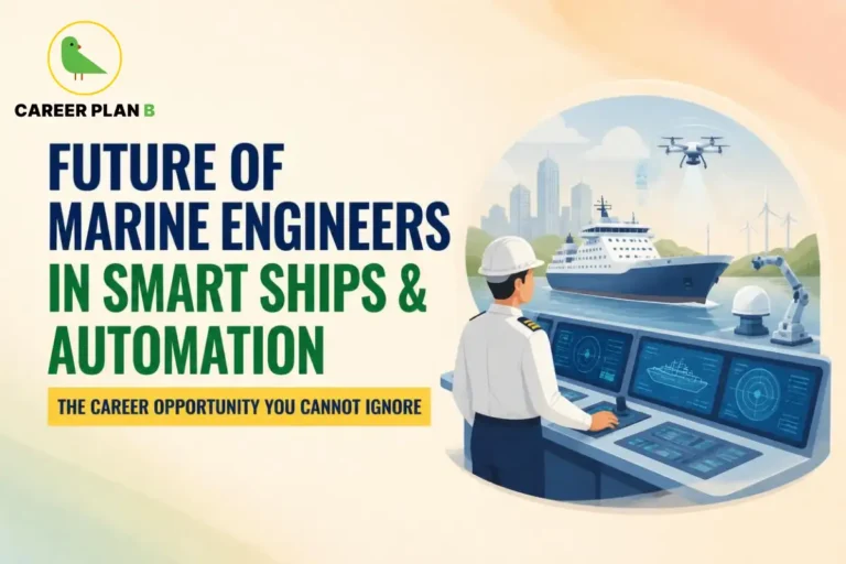 This image contains the text “Future of Marine Engineers in Smart Ships & Automation” and “The Career Opportunity You Cannot Ignore,” Career Plan B logo, marine engineer, smart ship, digital control screens, drone, robotic arm, wind turbines, city skyline, and automated maritime technology.
