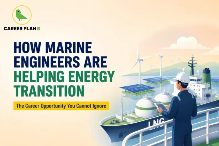 This image contains the text “How Marine Engineers Are Helping Energy Transition” and “The Career Opportunity You Cannot Ignore,” Career Plan B logo, marine engineer, LNG ship, LNG storage tanks, wind turbines, solar panels, ocean, tablet, ship deck, and clean energy technology.