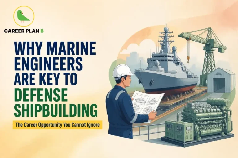 This image contains the text “Why Marine Engineers Are Key to Defense Shipbuilding” and “The Career Opportunity You Cannot Ignore,” Career Plan B logo, marine engineer, naval warship, shipyard crane, technical drawings, and marine engine systems.