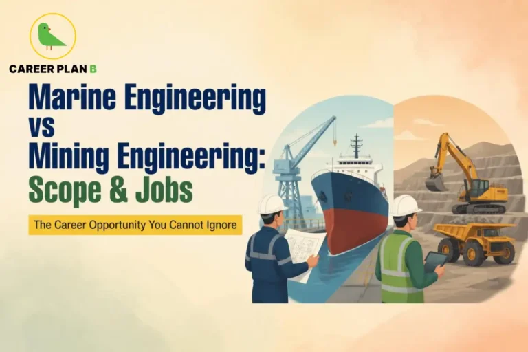 This image contains the text “Marine Engineering vs Mining Engineering: Scope & Jobs” and “The Career Opportunity You Cannot Ignore,” showing Marine Engineering vs Mining Engineering with the Career Plan B logo, a marine engineer, mining engineer, cargo ship, port crane, excavator, dump truck, and open-pit mining site.
