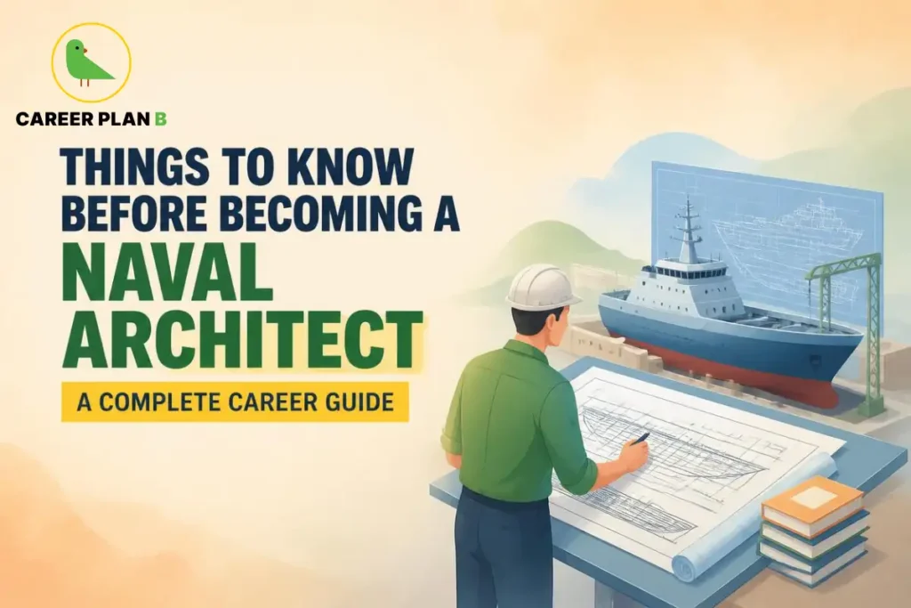 This image contains the text “Things to Know Before Becoming a Naval Architect” and “A Complete Career Guide,” showing the focus keyphrase Things to Know Before Becoming a Naval Architect with the Career Plan B logo, a naval architect wearing a hard hat and working on detailed ship blueprints, a vessel model in a shipyard, a large digital ship design screen, construction equipment, and engineering books.