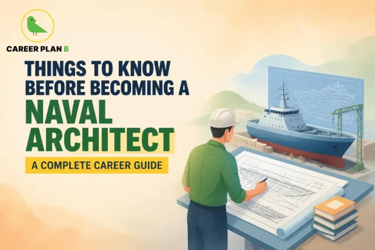 This image contains the text “Things to Know Before Becoming a Naval Architect” and “A Complete Career Guide,” showing the focus keyphrase Things to Know Before Becoming a Naval Architect with the Career Plan B logo, a naval architect wearing a hard hat and working on detailed ship blueprints, a vessel model in a shipyard, a large digital ship design screen, construction equipment, and engineering books.
