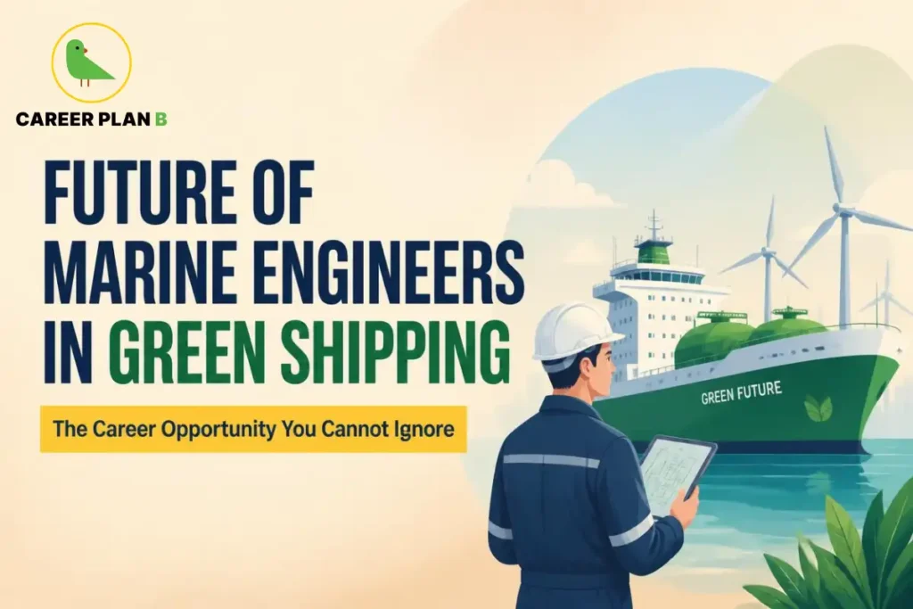 This image contains the text “Future of Marine Engineers in Green Shipping” and “The Career Opportunity You Cannot Ignore,” showing Marine Engineers in Green Shipping with the Career Plan B logo, a marine engineer wearing a hard hat and holding a digital tablet, a green eco-friendly ship named “Green Future,” wind turbines, green fuel storage tanks, ocean water, mountains, and plants representing sustainable maritime technology and clean shipping.