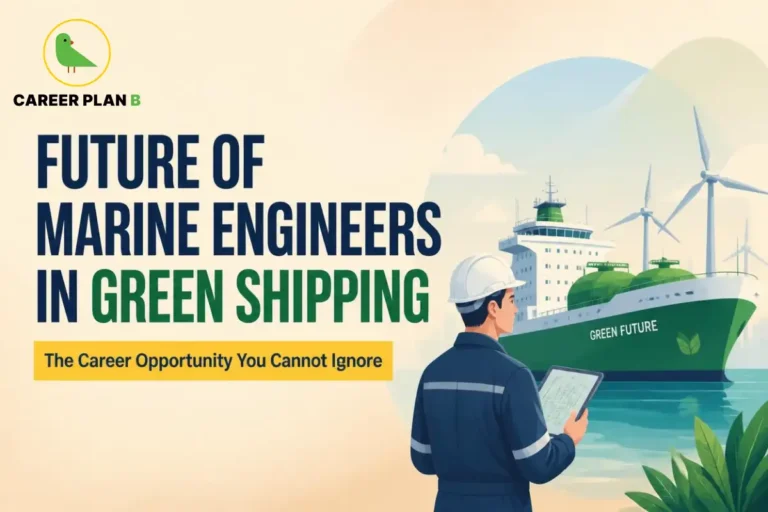 This image contains the text “Future of Marine Engineers in Green Shipping” and “The Career Opportunity You Cannot Ignore,” showing Marine Engineers in Green Shipping with the Career Plan B logo, a marine engineer wearing a hard hat and holding a digital tablet, a green eco-friendly ship named “Green Future,” wind turbines, green fuel storage tanks, ocean water, mountains, and plants representing sustainable maritime technology and clean shipping.