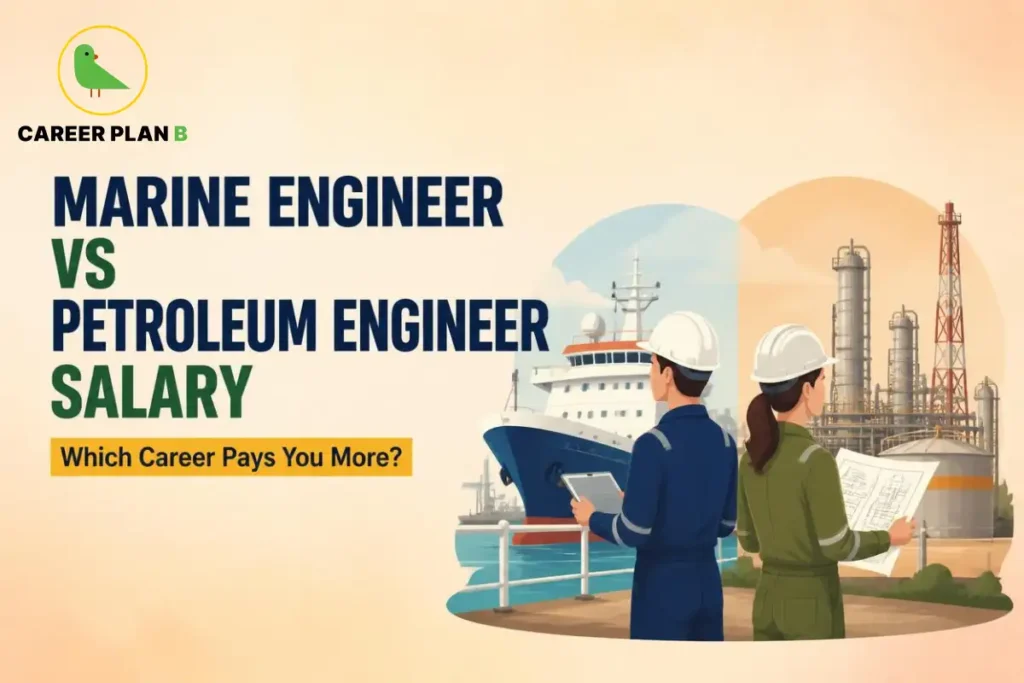 This image contains the text “Marine Engineer vs Petroleum Engineer Salary” and “Which Career Pays You More?” with the Career Plan B logo, illustrating a Marine vs Petroleum Salary comparison with a marine engineer holding a tablet beside a cargo ship and a petroleum engineer holding technical plans near an oil refinery, storage tanks, and industrial towers.