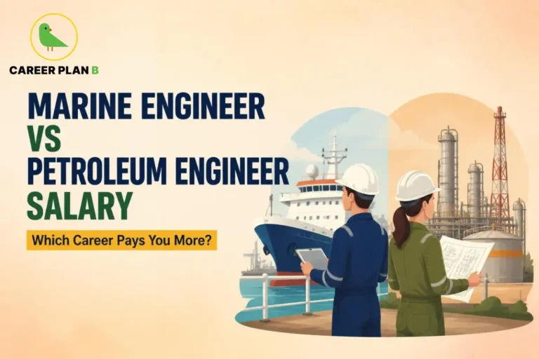 This image contains the text “Marine Engineer vs Petroleum Engineer Salary” and “Which Career Pays You More?” with the Career Plan B logo, illustrating a Marine vs Petroleum Salary comparison with a marine engineer holding a tablet beside a cargo ship and a petroleum engineer holding technical plans near an oil refinery, storage tanks, and industrial towers.