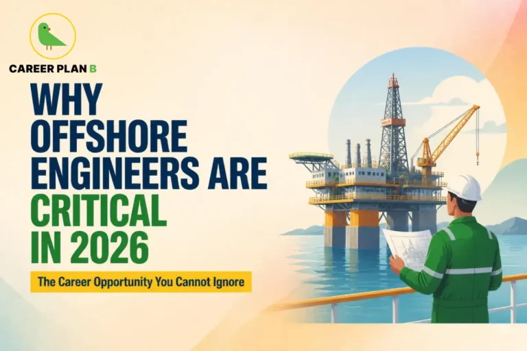 This image contains the text “Why Offshore Engineers Are Critical in 2026” and “The Career Opportunity You Cannot Ignore,” with the Career Plan B logo, showing an Offshore Engineer in a hard hat holding technical plans while overlooking an offshore oil and gas platform with a drilling tower and crane in the ocean.