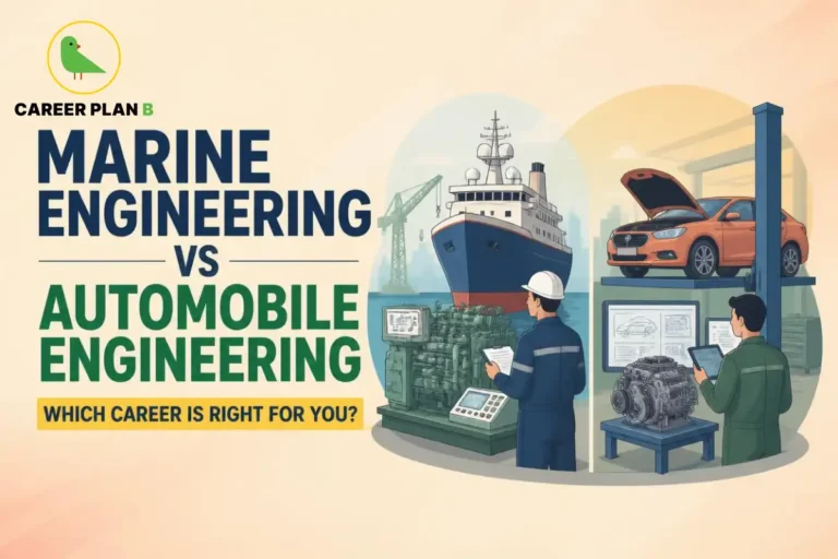 This image contains the text “Marine Engineering vs Automobile Engineering” and “Which Career Is Right for You?” with the Career Plan B logo, showing a Marine vs Automobile Engineering comparison with a marine engineer inspecting a ship engine beside a large vessel and an automobile engineer examining a car engine with digital design screens and a car on a workshop lift.