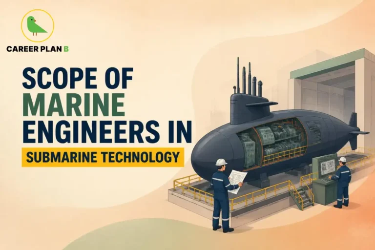 This image contains the text “Scope of Marine Engineers in Submarine Technology” with the Career Plan B logo, showing Marine Engineers in Submarines inspecting technical plans and monitoring systems beside a large submarine with a cutaway section displaying its internal machinery, propulsion equipment, and engineering systems inside a submarine maintenance facility.