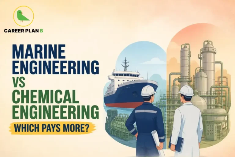 This image contains the text “Marine Engineering vs Chemical Engineering” and “Which Pays More?” with the Career Plan B logo, showing Marine vs Chemical Engineering through a marine engineer beside a cargo ship and marine engine, and a chemical engineer standing near an industrial chemical processing plant with pipelines and processing towers.
