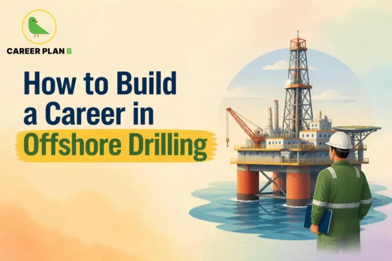 This image contains the text “How to Build a Career in Offshore Drilling” with the Career Plan B logo, showing an Offshore Drilling Career through an engineer in a hard hat and safety uniform standing near an offshore drilling rig with a drilling tower, crane, platform structures, and ocean surroundings.