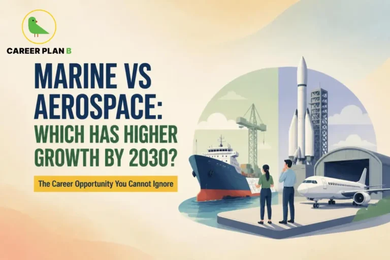 This image contains the text “Marine vs Aerospace: Which Has Higher Growth by 2030?” and “The Career Opportunity You Cannot Ignore,” with the Career Plan B logo. It represents Marine vs Aerospace through a cargo ship and port crane on the marine side, and a passenger aircraft, rocket, launch tower, and aerospace facility on the other, with two professionals comparing both career sectors.
